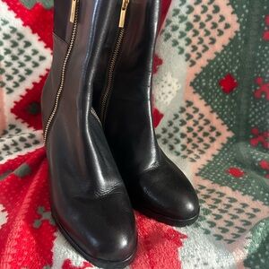 Michael Kors Black Leather Heeled Boots with Gold Zipper